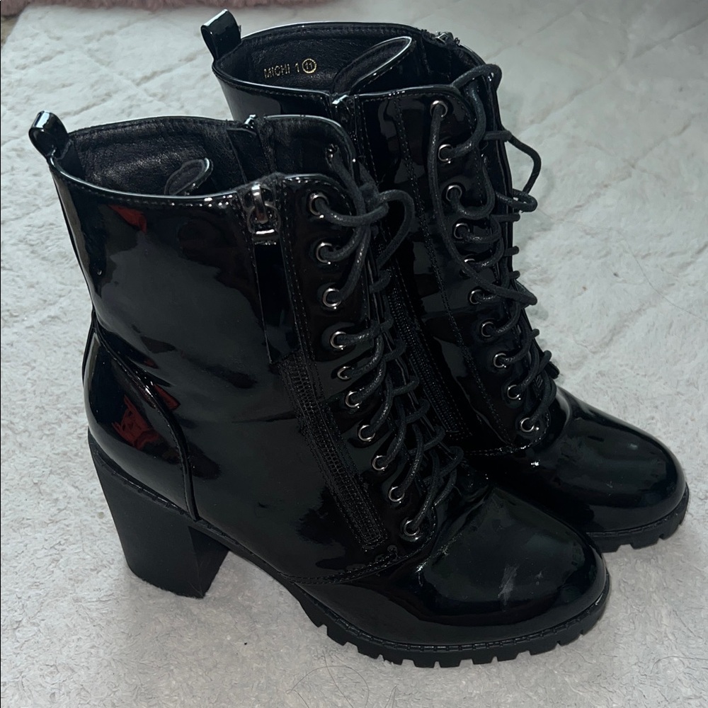 Black Patent Leather Lace-Up Boots
